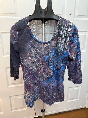 Kiara Purple & Blue Patterned Scoop Neck Long Sleeve Top